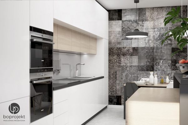 projekt kuchni i salonu nowoczesna biała kuchnia boprojekt