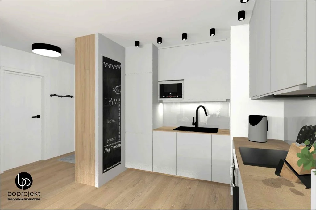 projekt kuchni salon z kuchnia kuchnia bialo drewniana projekt kawalerki