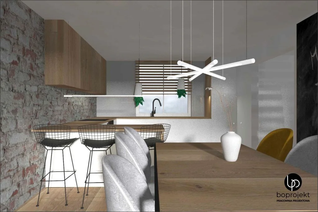 projekt kuchni salon z kuchnia ściana cegła na ścianie