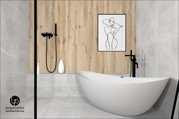 projekt łazienki łazienka z drewnem wanna wolnostojąca prysznic walkin