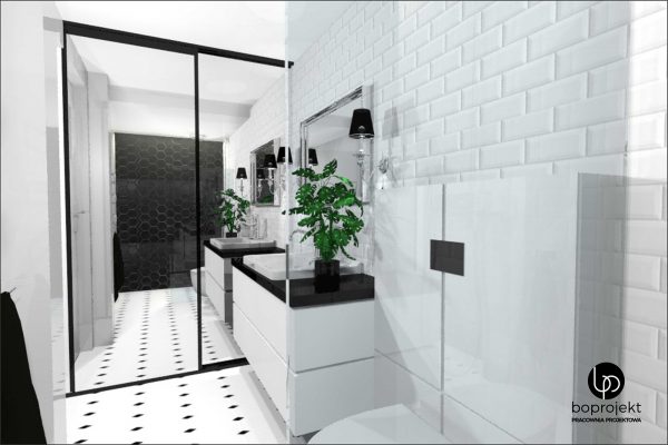 projekt łazienki w stylu glamour biała płytka cegiełka