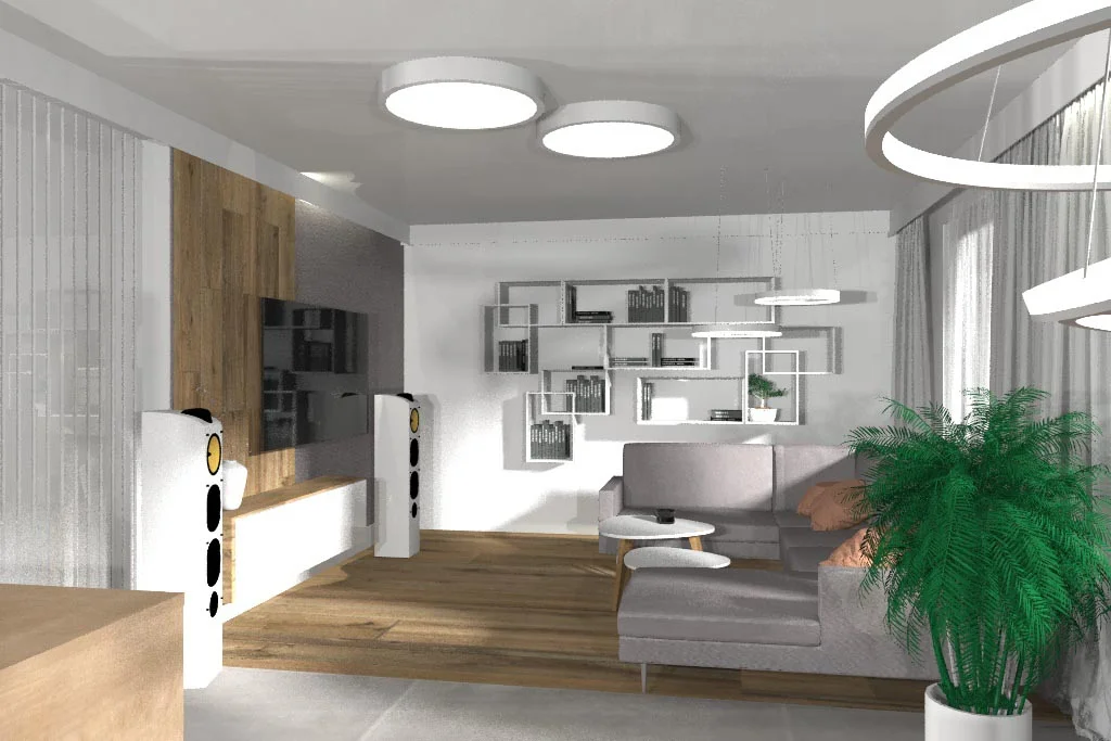projektowanie wnętrz BoProjekt PRZESTRONNY NOWOCZESNY SALON W BIELI Z DREWNEM