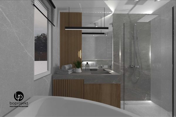 projektowanie wnętrz BoProjekt łazienka z wanną i prysznicem szare płytki w łazience speki lamele