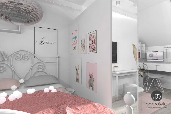 projektowanie wnętrz BoProjekt pokój nastolatki w szarościach z różem