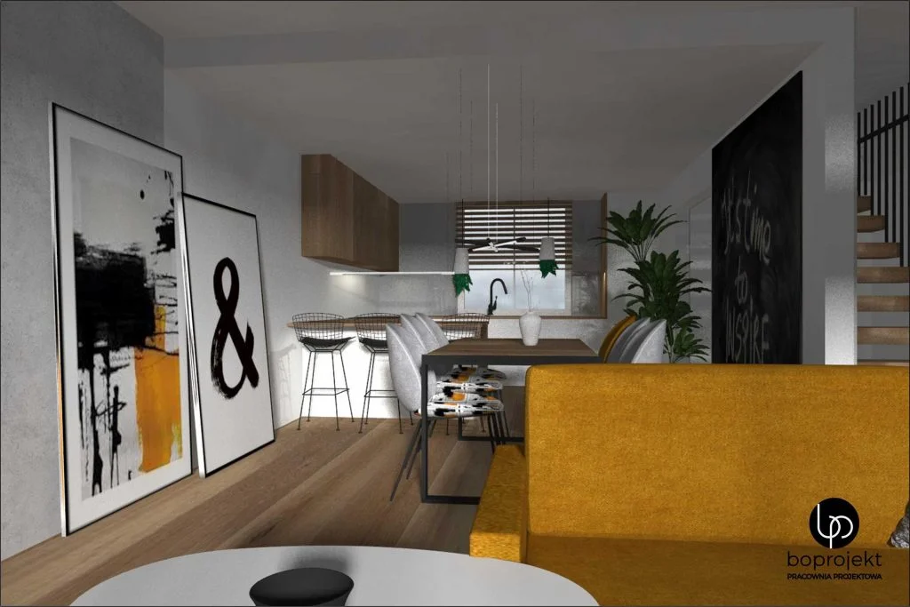 projektowanie wnętrz BoProjekt salon nowoczesny ściana betonowa w salonie